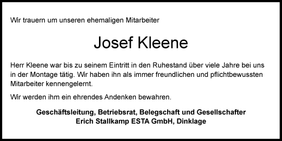 Anzeige von Josef Kleene von OM-Medien