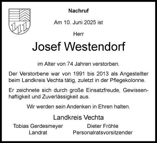 Anzeige von Josef Westendorf von OM-Medien