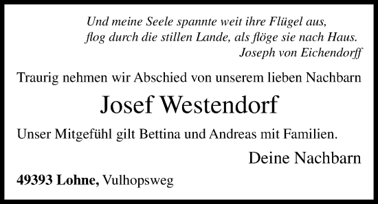 Anzeige von Josef Westendorf von OM-Medien