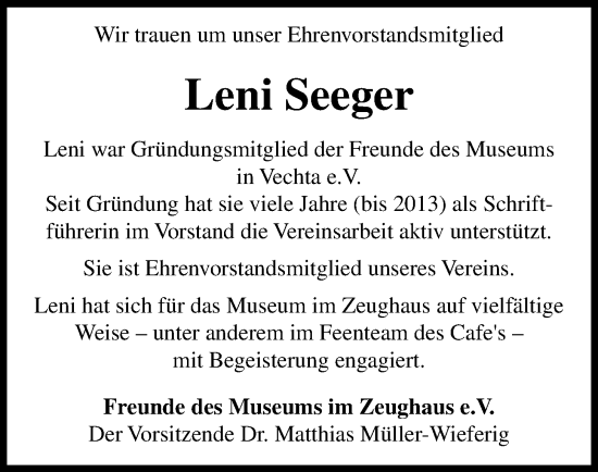 Anzeige von Leni Seeger von OM-Medien