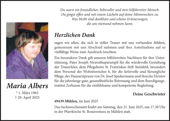 Anzeige von Maria Albers von OM-Medien