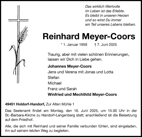 Anzeige von Reinhard Meyer-Coors von OM-Medien