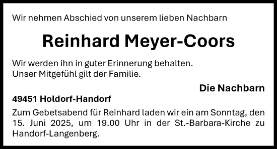 Anzeige von Reinhard Meyer-Coors von OM-Medien