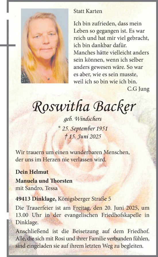 Anzeige von Roswitha Backer von OM-Medien