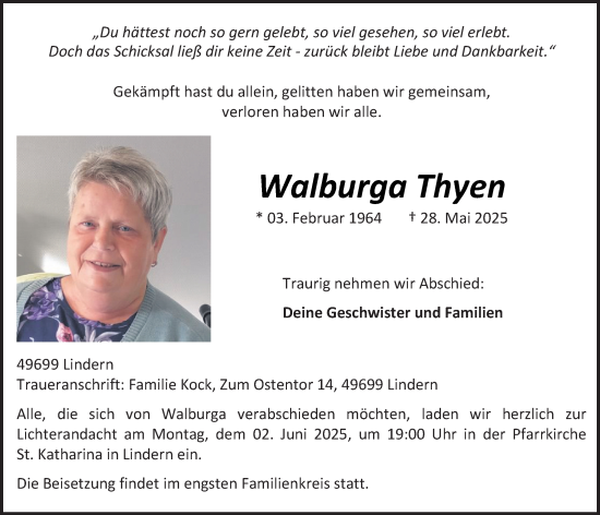 Anzeige von Walburga Thyen von OM-Medien