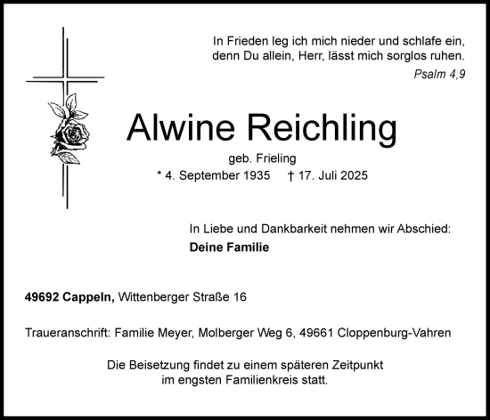 Anzeige von Alwine Reichling von OM-Medien