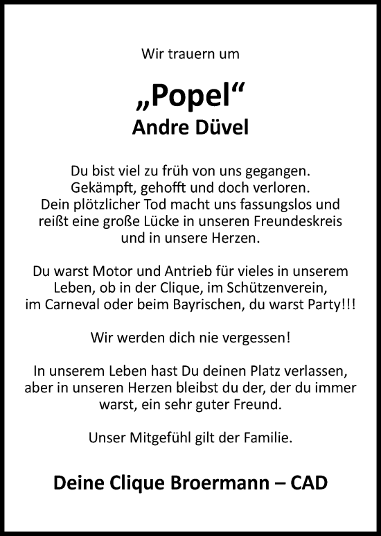 Anzeige von Andre Düvel von OM-Medien