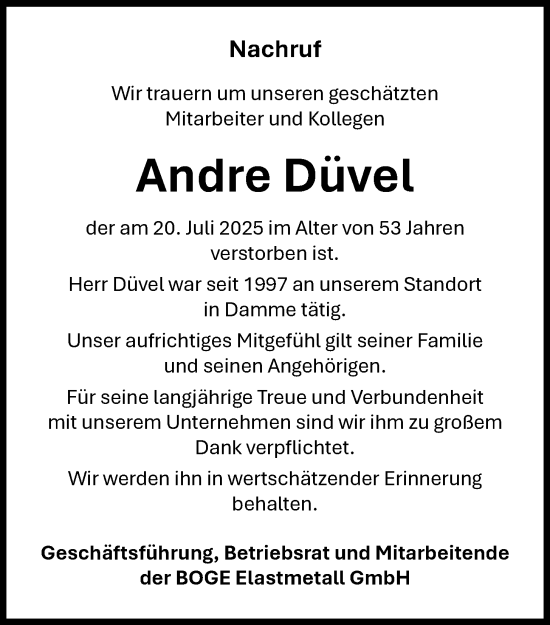 Anzeige von Andre Düvel von OM-Medien