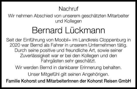 Anzeige von Bernard Lückmann von OM-Medien