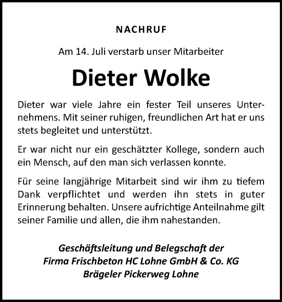 Anzeige von Dieter Wolke von OM-Medien