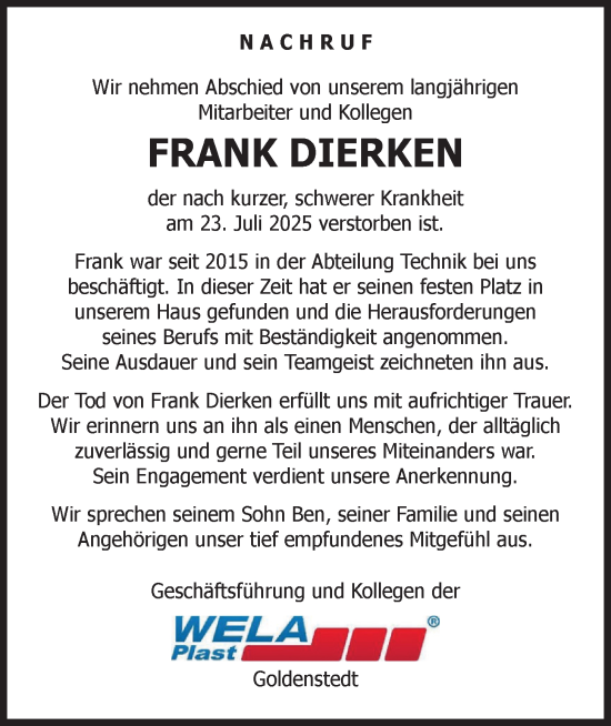 Anzeige von Frank Dierken von OM-Medien