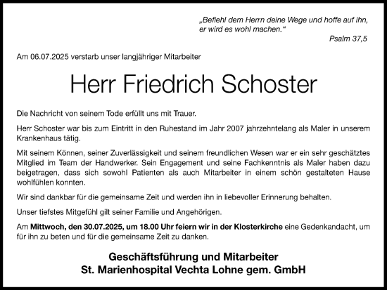 Anzeige von Friedrich Schoster von OM-Medien