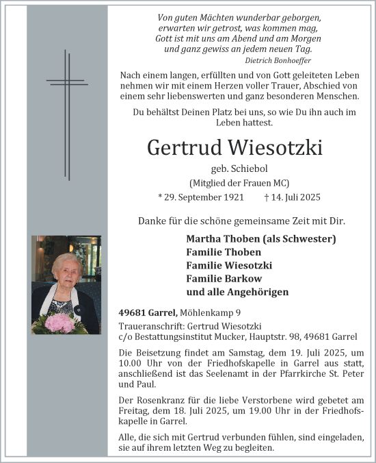Anzeige von Gertrud Wiesotzki von OM-Medien