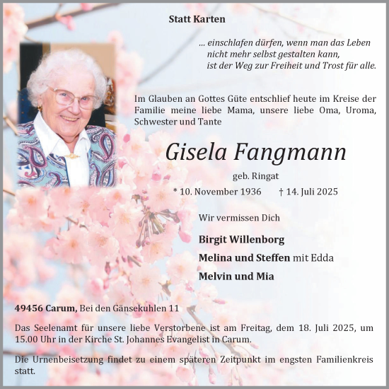 Anzeige von Gisela Fangmann von OM-Medien
