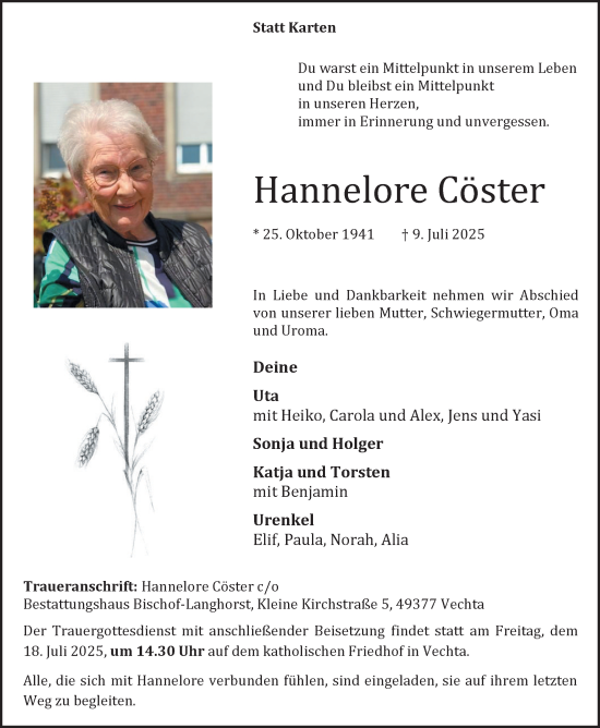 Anzeige von Hannelore Cöster von OM-Medien