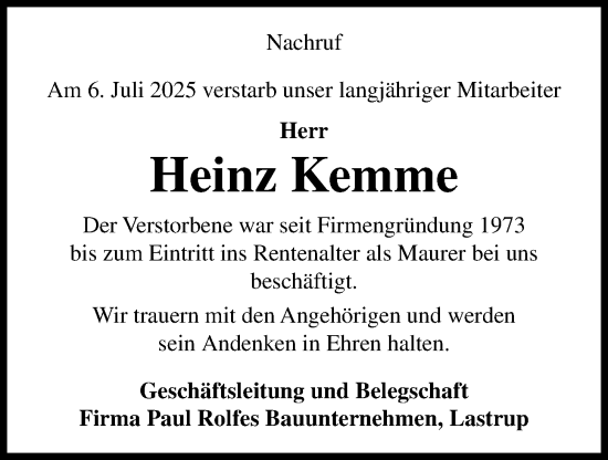 Anzeige von Heinz Kemme von OM-Medien
