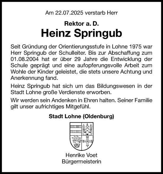 Anzeige von Heinz Springub von OM-Medien