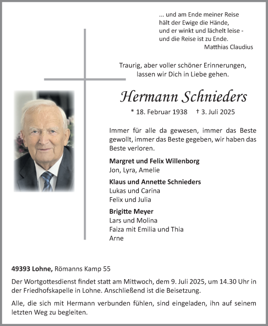 Anzeige von Hermann Schnieders von OM-Medien