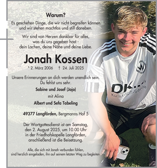 Anzeige von Jonah Kossen von OM-Medien