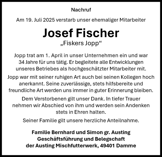 Anzeige von Josef Fischer von OM-Medien