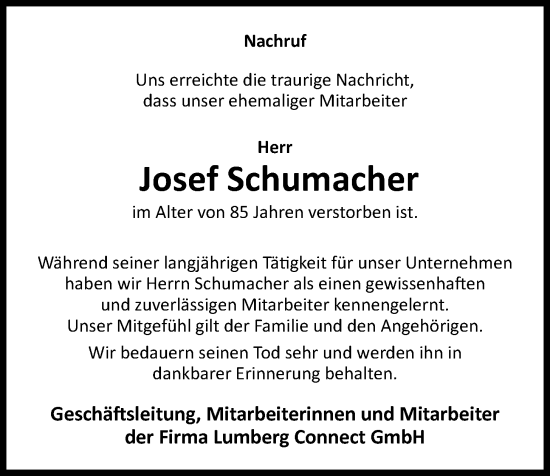 Anzeige von Josef Schumacher von OM-Medien