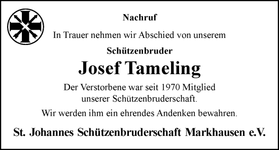 Anzeige von Josef Tameling von OM-Medien