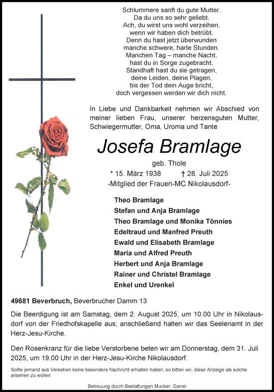 Anzeige von Josefa Bramlage von OM-Medien