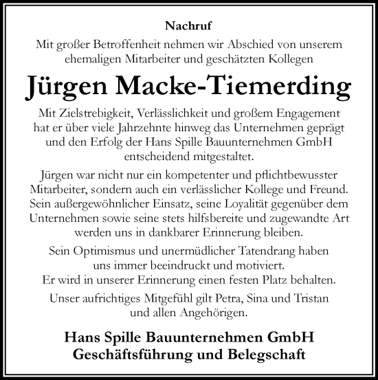 Anzeige von Jürgen Macke-Tiemerding von OM-Medien