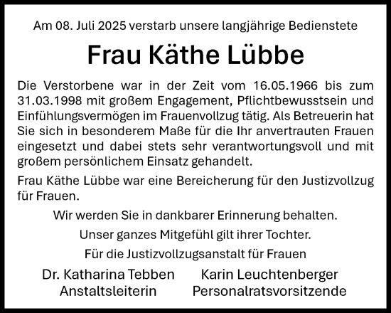 Anzeige von Käthe Lübbe von OM-Medien