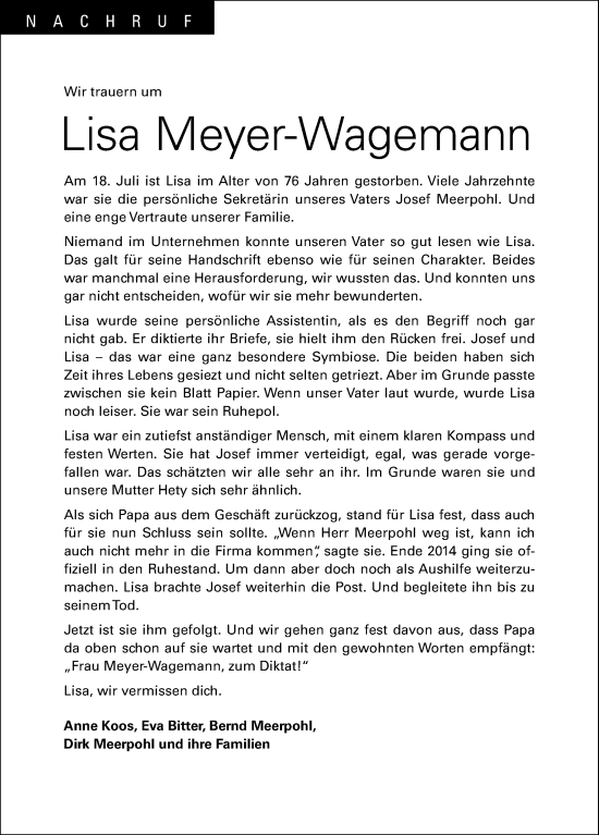 Anzeige von Lisa Meyer-Wagemann von OM-Medien