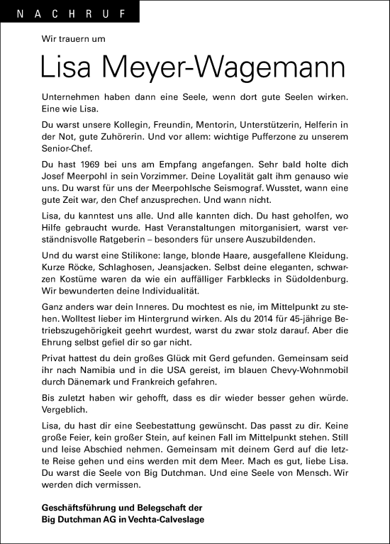 Anzeige von Lisa Meyer-Wagemann von OM-Medien