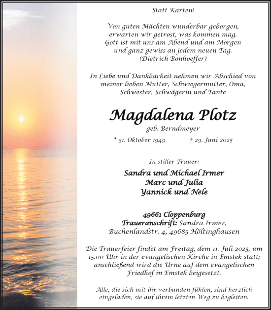 Anzeige von Magdalena Plotz von OM-Medien