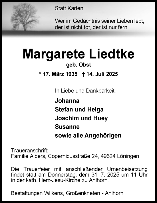 Anzeige von Margarete Liedtke von OM-Medien