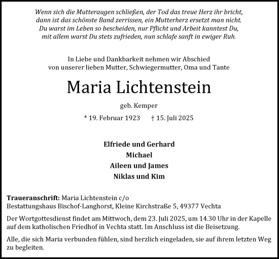 Anzeige von Maria Lichtenstein von OM-Medien
