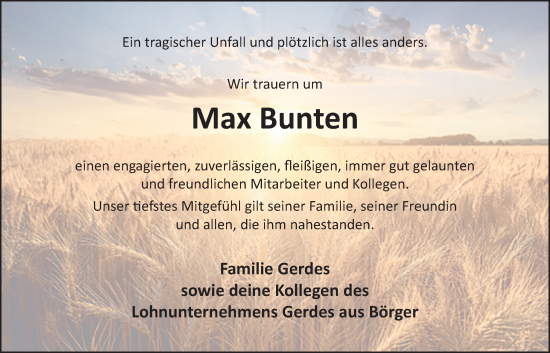 Anzeige von Max Bunten von OM-Medien