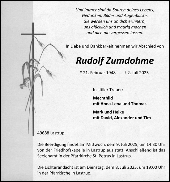 Anzeige von Rudolf Zumdohme von OM-Medien