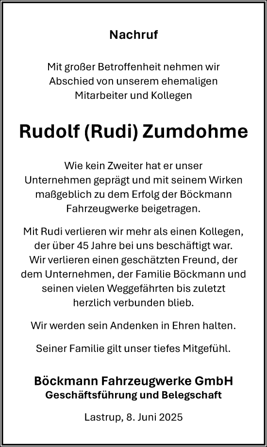 Anzeige von Rudolf Zumdohme von OM-Medien