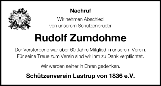 Anzeige von Rudolf Zumdohme von OM-Medien