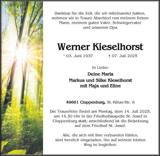 Anzeige von Werner Kieselhorst von OM-Medien