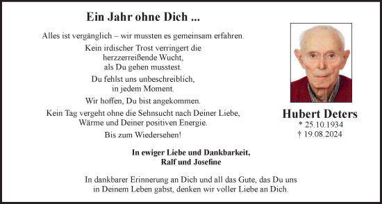Anzeige von Hubert Deters 