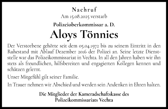 Anzeige von Aloys Tönnies von OM-Medien