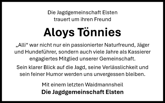 Anzeige von Aloys Tönnies von OM-Medien