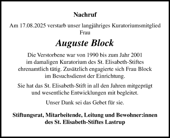 Anzeige von Auguste Block von OM-Medien