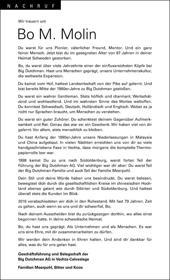 Anzeige von Bo Edvard Måns Molin von OM-Medien