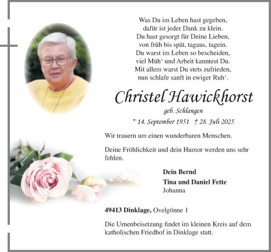 Anzeige von Christel Hawickhorst von OM-Medien