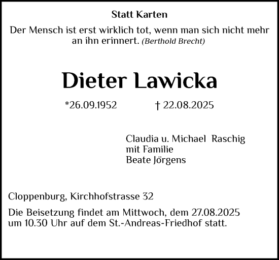 Anzeige von Dieter Lawicka von OM-Medien