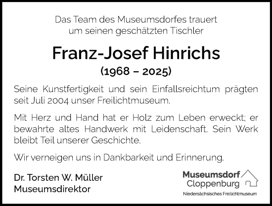 Anzeige von Franz-Josef Hinrichs von OM-Medien