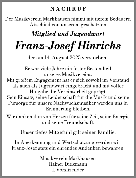 Anzeige von Franz-Josef Hinrichs von OM-Medien