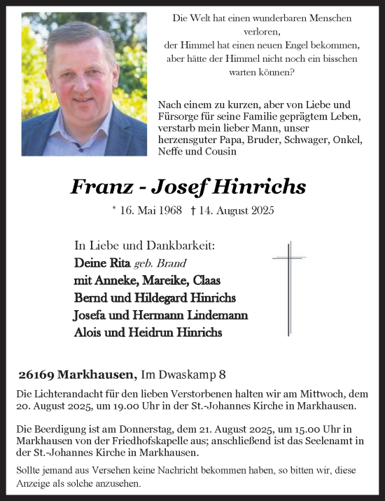 Anzeige von Franz-Josef Hinrichs von OM-Medien