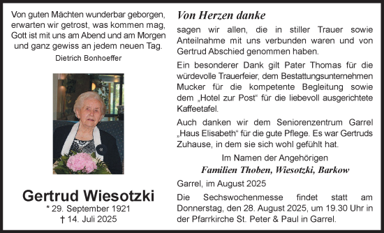 Anzeige von Gertrud Wiesotzki von OM-Medien